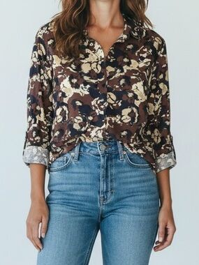 H&M Brown Navy Cream Floral Button-Down Shirt